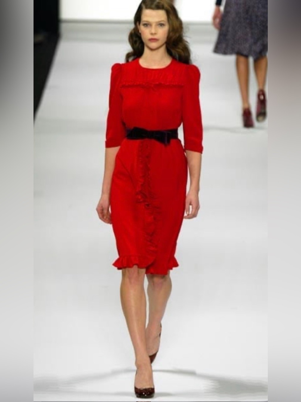 Marc Jacobs 100% Silk Red Ruffled 3/4 Sleeve Dress with Belt, 10 - Picture 2 of 14